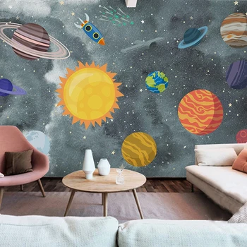Vlastné 3D nástennú maľbu, Tapety Kreslené Ručne Maľované Vesmír, Planéta Rocket detská Izba Spálňa Nepremokavé samolepiace Nálepky na Stenu