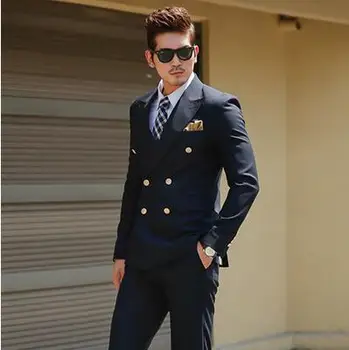Vlastné Slim Fit Black Dvojité Breasted kórejský Oblek Pána Vyhovovali Business Ženícha Svadobný Oblek, kostým pre mužov homme mariage 2ks