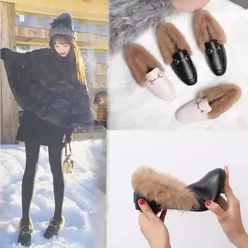 Vlnená topánky pre lady nové zimné mokasíny pre lady 2020 web celebrity ploché bean topánky pre lady plus vlnené králik vlasy jednej sh