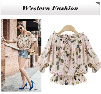 Vogue Petal rukáv šifón košele ženy letná blúzka S-XL dámske lomka krku úplnej blusas kvetina tlače topy doprava zadarmo