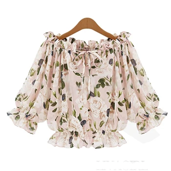 Vogue Petal rukáv šifón košele ženy letná blúzka S-XL dámske lomka krku úplnej blusas kvetina tlače topy doprava zadarmo