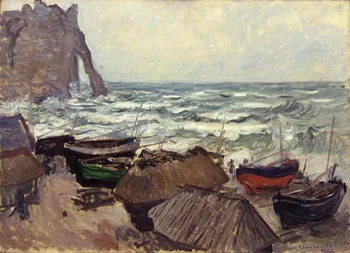 Vysoko kvalitné olejomaľby na Plátne Reprodukcie Rybárske Lode na Pláži v Etretat (1884) tým, Claude Monet ručne maľované