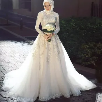 Vysoká Krku Moslimských Svadobné Šaty 2020 pre Ženy Elegantný Dlhý Rukáv Čipky Nášivka Nevesty Šaty Formálne Vestido De Noiva on-Line Obchod