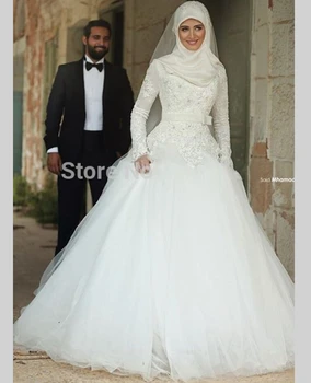 Vysoký Krk Dlhý Rukáv Moslimských Svadobné Šaty Arabčina Hidžáb Svadobné Šaty Tylu Arabských Plesové Šaty Svadobné Šaty Šaty, Mariage De