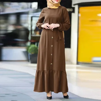 Wepbel Slim Hodí Islamskej Šaty Big Swing Župan Ženy Moslimské Oblečenie Šaty Čipky Dlhý Rukáv Arabských Abaya Vysoký Pás O-krku