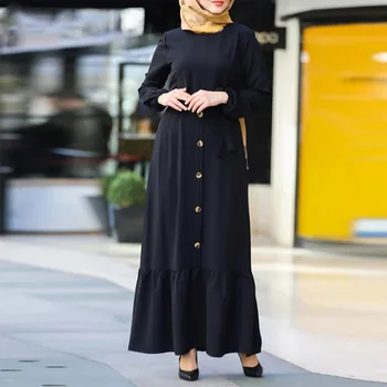 Wepbel Slim Hodí Islamskej Šaty Big Swing Župan Ženy Moslimské Oblečenie Šaty Čipky Dlhý Rukáv Arabských Abaya Vysoký Pás O-krku