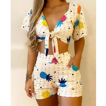 Women Casual V-Neck Tie Chest Print Two-Piece Set
