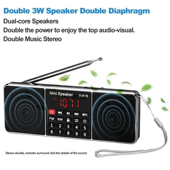 Y-618 Mini Fm Rádio, Digitálne Prenosné Dual 3W Stereo Reproduktorov Mp3 Audio Prehrávač Vysokou Vernosťou Zvuku, Kvalita W/ 2 Palcový Displej Sutiny