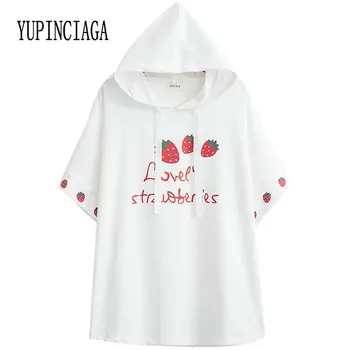 YUPINCIAGA Ženy Voľné Veľké Veľkosti Roztomilý Jahodový List, Tlač s Kapucňou Krátky Rukáv Sladké T-shirt Kawaii Lete Bavlna Femme Topy