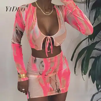YiDuo Módne Grafické 2 Dielna Sada Ženy Sexy Vidieť-Cez Oka Čipky Plodín Hore A Mini Sukne Zodpovedajúce Nastavenie Oblečenie Clubwear Jeseň