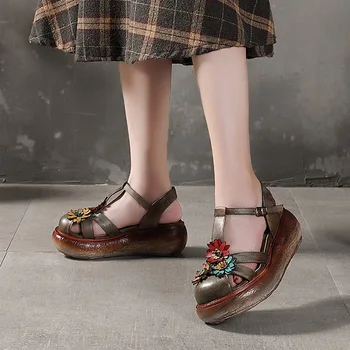 YourSeason Ženy Kliny Kvet Platforma Topánky 2020 Nové Letné Originálne Kožené Dámske Pracky Popruhu Bežné Retro Sandále