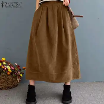 ZANZEA 2021 Vintage Menčester Sukne dámske Jeseň Sundress Bežné Elastický Pás Maxi Vestidos Žena Pevné Župan Femme Plus Veľkosť
