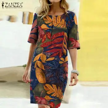 ZANZEA Vintage Letné Tričko Oblečenie dámske Vytlačené Sundress Flroal Krátky Rukáv Koleno Dĺžke Vestidos Žena Tlačidlo Šaty Plus Veľkosť
