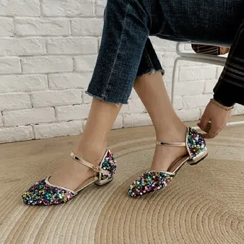 ZawsThia 2020 sequined bling lesk dievčenské topánky kryt päty mary janes dámy topánky značky žena bytov sandále plus veľkosť 42 43