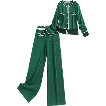 Zelená Pletená 2 Ks Súpravy Dámske Oblečenie Office Lady Topy +širokú Nohu, Nohavice, Súpravy pre Ženy Potu Vyhovuje Tepláková súprava Ženy