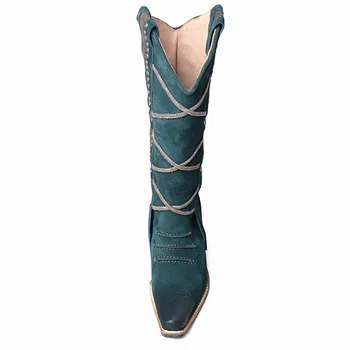 Zelená Semiš Ženy Kolená Vysoké Topánky Vinatge Jazdecké Topánky Lemovaný Topánky Žena Platformu Botas Militares Strapce Dlho Boot