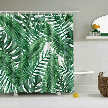 Zelené Listy s Bielym Pozadím Sprchový Záves Set s 12 Háčiky Prírodné Rastliny Kúpeľňa Dekorácie Umývateľný Polyester Textílie
