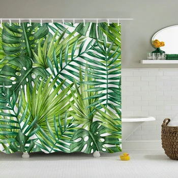 Zelené Listy s Bielym Pozadím Sprchový Záves Set s 12 Háčiky Prírodné Rastliny Kúpeľňa Dekorácie Umývateľný Polyester Textílie