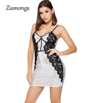 Ziamonga Žien Sexy Klub Party Šaty bez Rukávov tvaru Backless Bodycon Lete Elegantný Mini Sequin Šaty Obväz Čipky Šaty