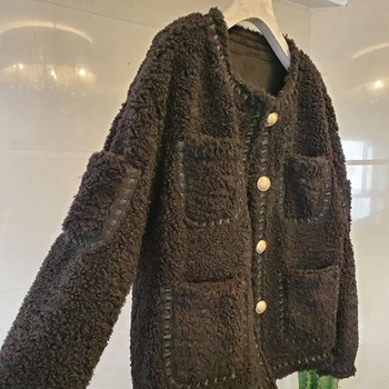 Zimné Ovčej Vlny Bundy Ženy Kórejský Kožušinové Bundy Kabáty Singel Svojim Outwear Vintage Harajuku Vesty Luxusné Vrecká B578