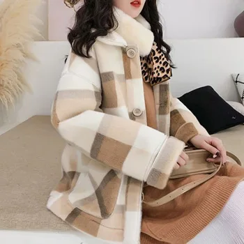 Zimné dámske ovčej vlny Kockovaný Kabát kórejské Oblečenie Hrubšie Veľké Veľkosti Voľne Žijúcich Krátka Bunda