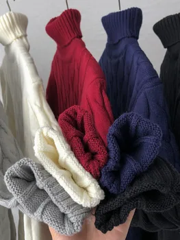 Zimné twist sveter s vysokým golierom a základný náter pre mužov Plyšové zahusťovanie a tenký sveter montáž