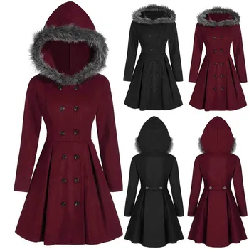 Zimný Kabát Ženy Pevné Kožušiny Kapucňou Dvojité Breasted Slim Bunda, Kabát Plus Veľkosť OL Štýl vrchné oblečenie