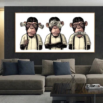 Zviera Plagáty a Vytlačí Abstraktné Tri Opice Gorila s Peniazmi, Umelecké Plátno, Maľovanie obrazov na Stenu pre Obývacia Izba Domova