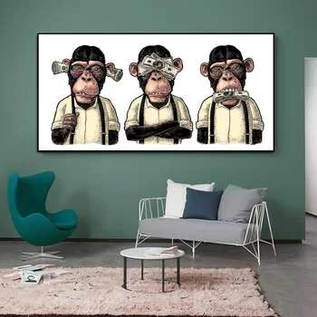 Zviera Plagáty a Vytlačí Abstraktné Tri Opice Gorila s Peniazmi, Umelecké Plátno, Maľovanie obrazov na Stenu pre Obývacia Izba Domova