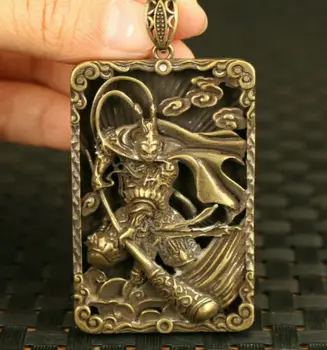 Ázijské staré medené strane rezbárstvo Sun Wukong Socha prívesok náhrdelník dekorácie