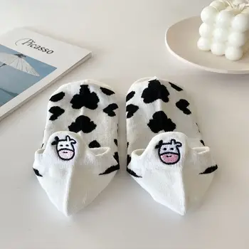 Čierna a biela výšivka ponožky žena iny príliv ponožky plytké úst lete cartoon krava roztomilý pruhované ponožky čln