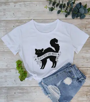 Čierna mačka sú magické t-shirt zábavné grafické mačka milenca tee ženy móda mladé dievča štýl tumblr goth strany populárne top goth tričko