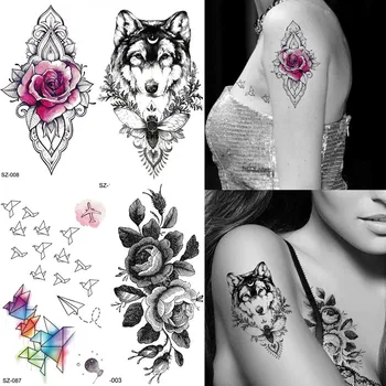 Čierne Ženy Rameno Módne Tetovanie Nálepky, Náčrt, Kvet Ruže Dočasné Tetovanie Mužov Vlk Roztomilý Origami Vtákov Falošné Tatoos Reťaze Mora