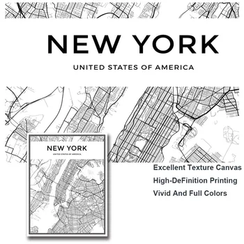 Čiernej a Bielej Svete Mape Mesta New York, Tokio, Paríž, Steny Umelecké Plátno Plagát Vytlačí Nordic Štýl Maľby Obrázok pre Obývacia Izba