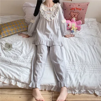 Čipiek, Bavlny Sleepwear Bežné Domáce Farby s Dlhým Rukávom kórejský Topy a Nohavice Nastaviť oblečenie pre voľný čas Doma Oblečenie Kawaii Pyžamo Nastaviť Japonskej