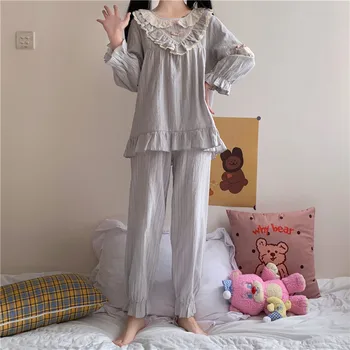 Čipiek, Bavlny Sleepwear Bežné Domáce Farby s Dlhým Rukávom kórejský Topy a Nohavice Nastaviť oblečenie pre voľný čas Doma Oblečenie Kawaii Pyžamo Nastaviť Japonskej