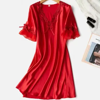 Ženské Satin Domov Župane Intímne Bielizeň Bežné Krátke Nightdress Oblečenie Pre Voľný Čas Čipky Sexy Tvaru Nightgown Sleepwear