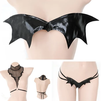 Ženy Anime Erotické Malý Diabol Priesvitný Set Spodnej Bielizne Sexy Faux Kožené Čierne Bat Krídlo Podprsenka Pánty Bikini Halloween Cosplay Jednotné Lolita