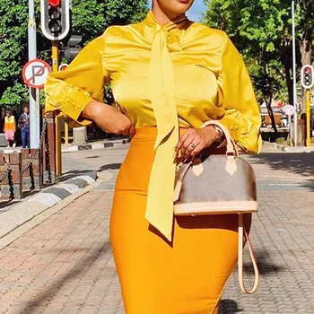 Ženy Blúzka Office Módne Topy Pevné Žltá Ružová Plus Veľkosť Afriky Dámy Stojan Golier Svietidla Rukáv Bežné Tričko Jar 2021