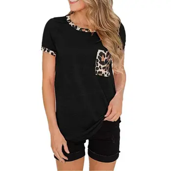 Ženy Pevné Leopard Patchwork T-shirt 2020 Nové Kolo Krku Shorr Sleeve T-shirt Topy Bežné Dámy Voľné T-shirt Vrecku Nadrozmerná