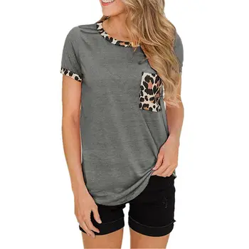 Ženy Pevné Leopard Patchwork T-shirt 2020 Nové Kolo Krku Shorr Sleeve T-shirt Topy Bežné Dámy Voľné T-shirt Vrecku Nadrozmerná