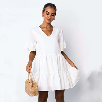 Ženy Pevné Sexy Šaty 2020 Lete Príležitostné Voľné Plus Veľkosť Mini Šaty Krátke Rukáv V Krku Skladaný Sladké A-line Šaty