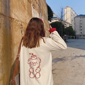 Ženy Roztomilé prasiatko tlačiť Bežné Biele tričko Mladé Dievča Študent Long-sleeve 2020 Lete nové Harajuku Štýl Voľné pulóver Topy