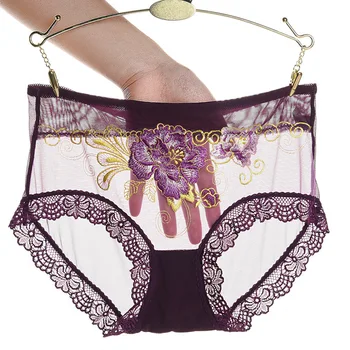 Ženy Sexy Bezšvové Nohavičky,Ultra-Tenké Transparentné Kvet Vyšívané Vzorované Plus Veľkosť Bielizeň Bavlna Čipky Nohavičky