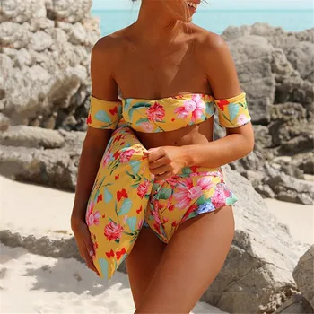 Ženy Sexy kvetov Vytlačené Plavky Brazílsky Biquini 2019 Žena Push-up Polstrovaná Bikini Set plavky Vysoký Pás Plavky