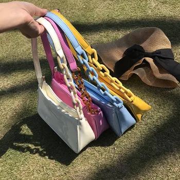 Žltá akryl podpazušia taška retro jednoduché podpazuší reťazca taška olej, vosk kožené rameno, kabelka candy farby žien taška