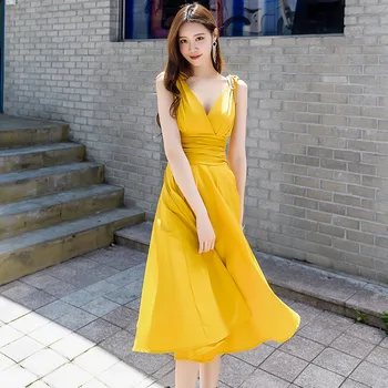 Žltá Ženy Letné Šaty tvaru Mimo Lady Plášte Koleno Dĺžke DZA080